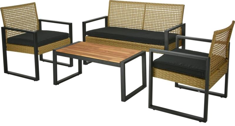 Conjunto de móveis de jardim em metal 4 peças polirattan, acácia