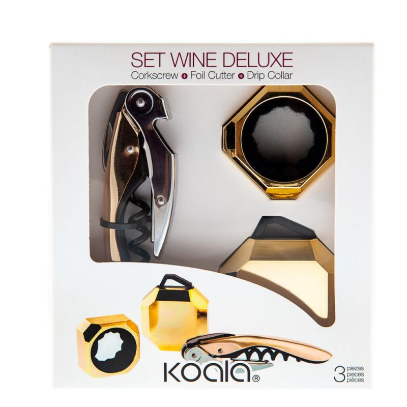 CONJUNTO DE ACESSÓRIOS PARA VINHO, KOALA 3 PEÇAS METAL DOURADO
