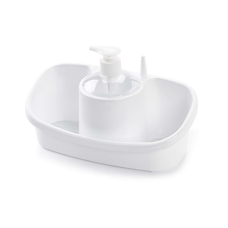 Dispensador de  dergente também oferece espaço para esfregões no compartimento integrado.